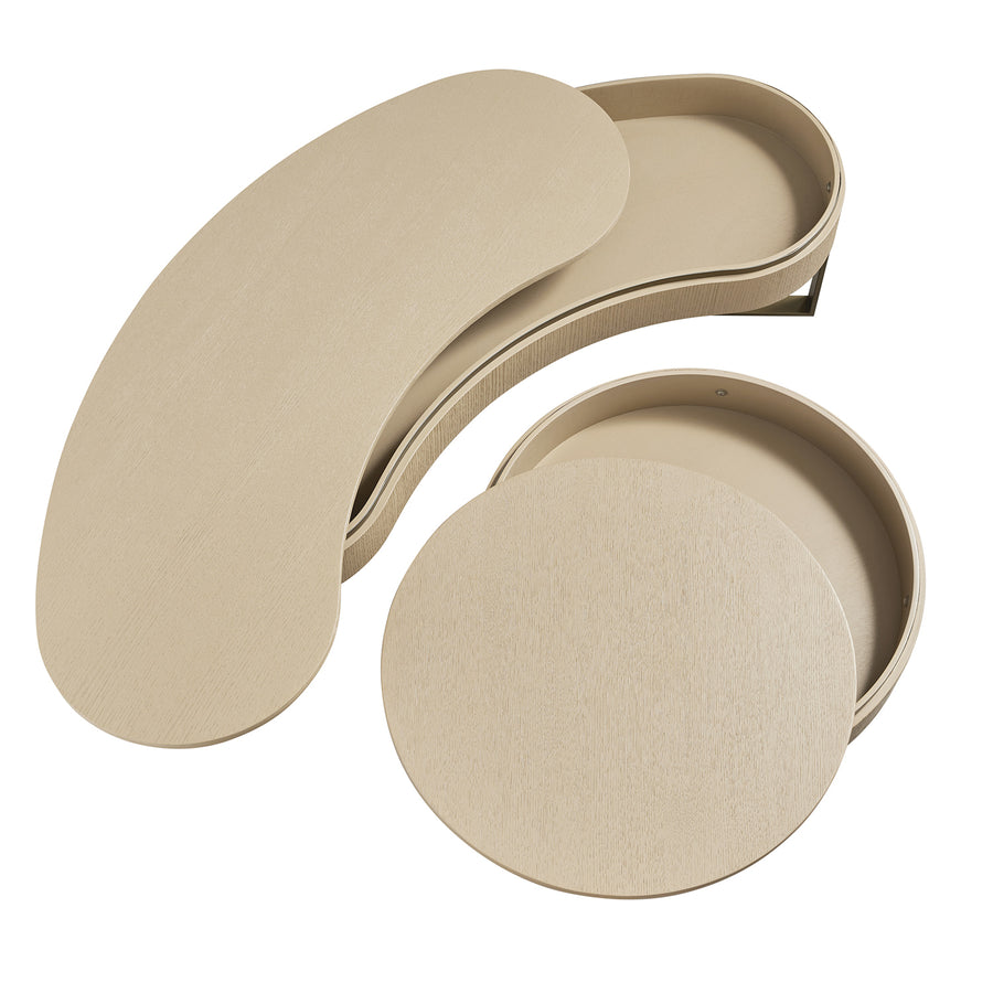 Gramercy Kidney-Round Storage Coffee Table Set, Beige Oak