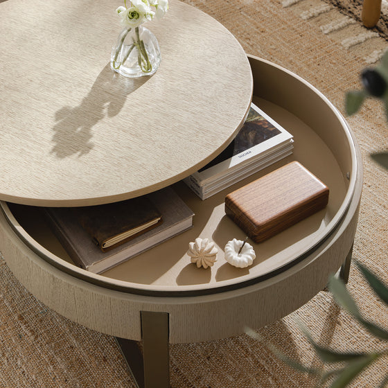 Gramercy Round Storage Coffee Table, Beige Oak