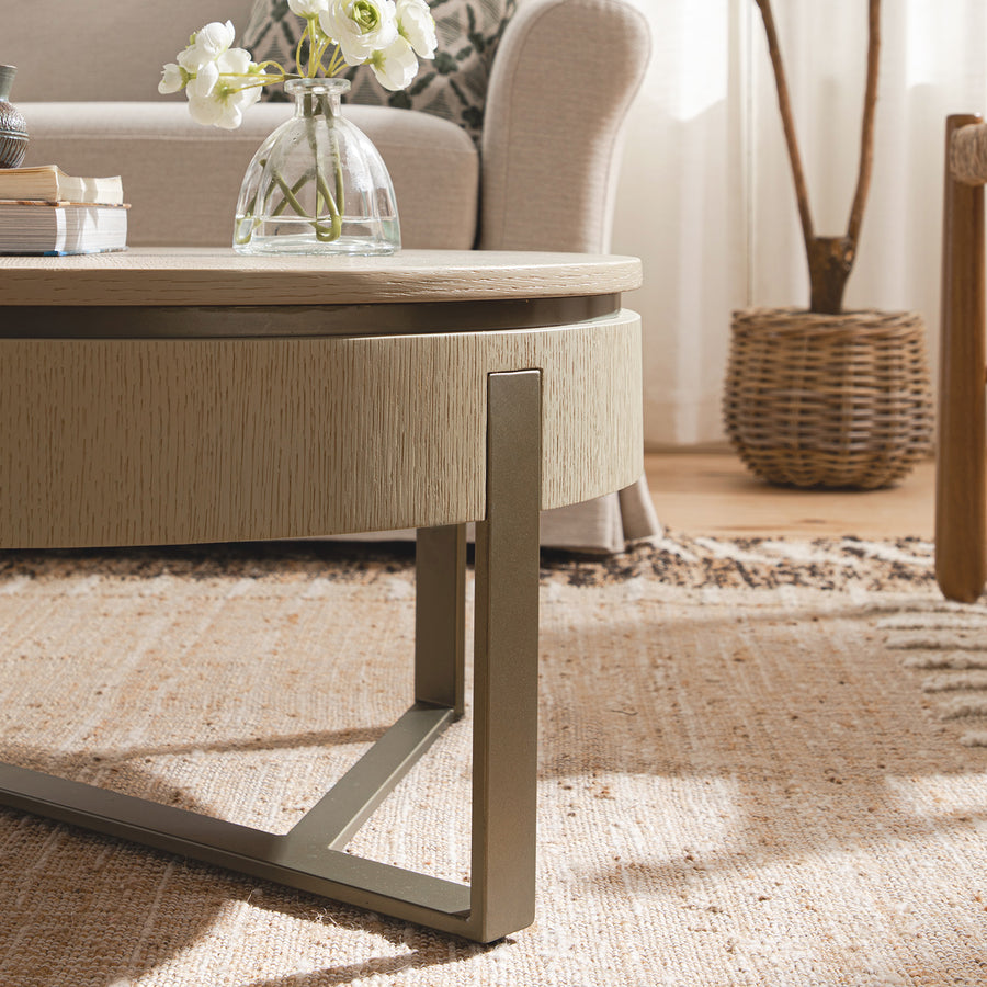 Gramercy Round Storage Coffee Table, Beige Oak
