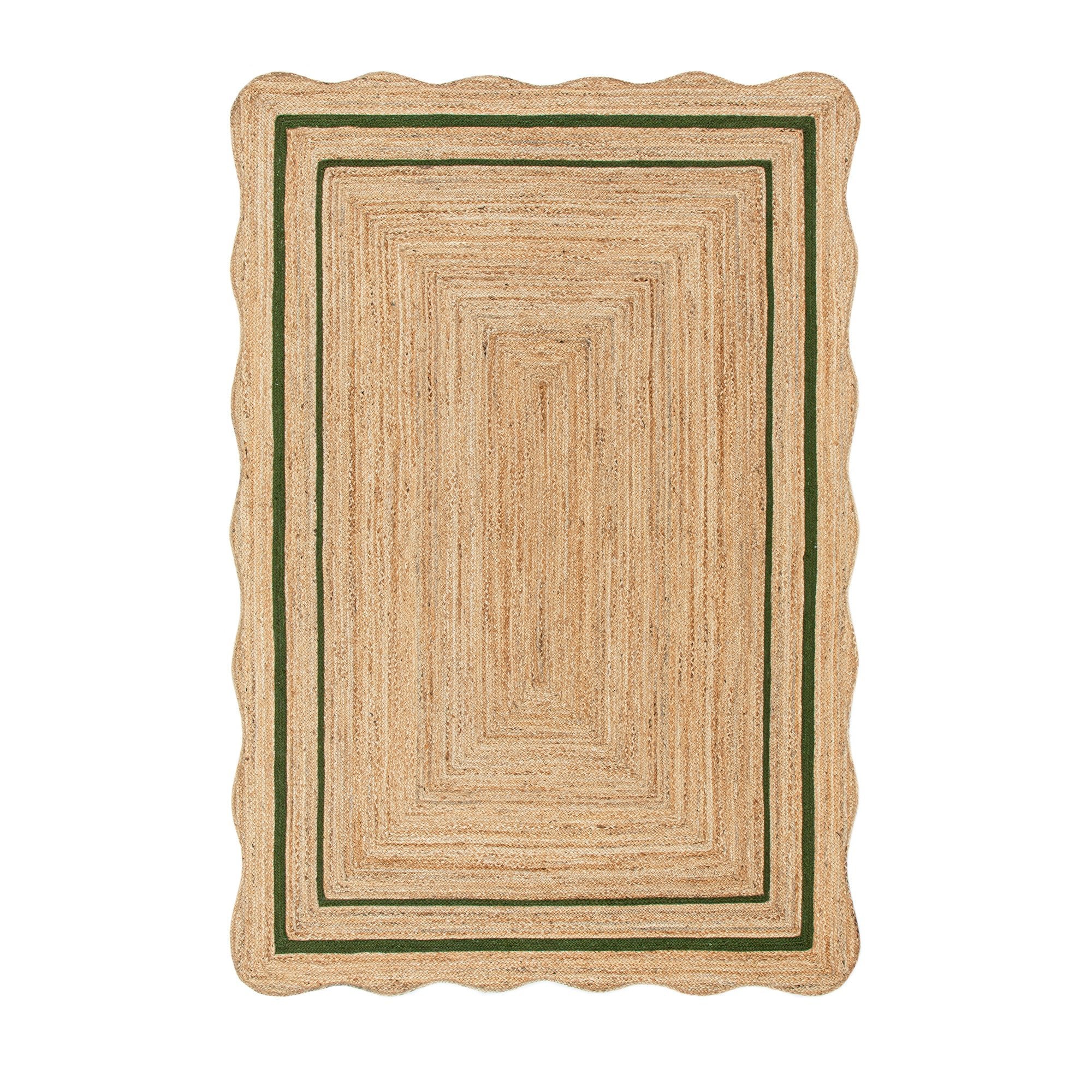 Evie Hand Braided Jute Scallop Green Border Rectangular Rug | daals