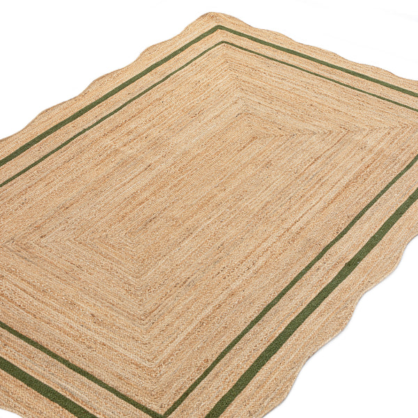 Evie Hand Braided Jute Scallop Green Border Rectangular Rug