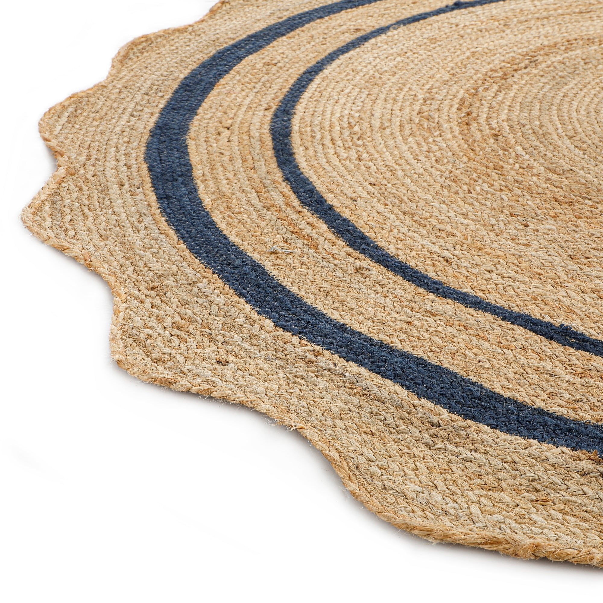 Evie Hand Braided Jute Scallop Navy Blue Round Rug | daals