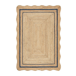 Evie Hand Braided Jute Scallop Navy Blue Border Rectangular Rug