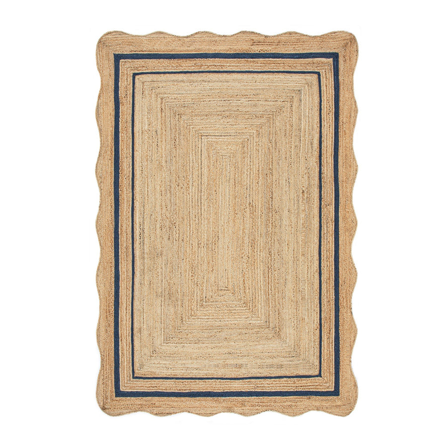 Evie Hand Braided Jute Scallop Navy Blue Border Rectangular Rug