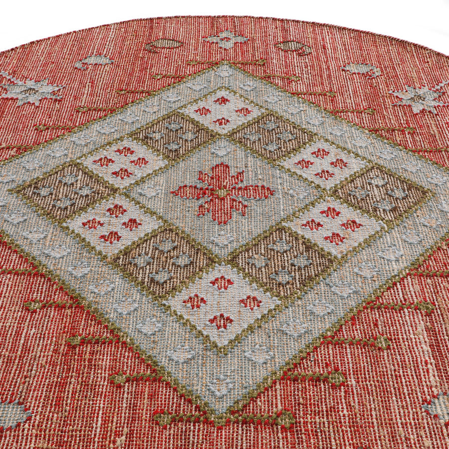 Farah Kilim Traditional Handwoven Wool & Jute Deep Red Round Rug - daals