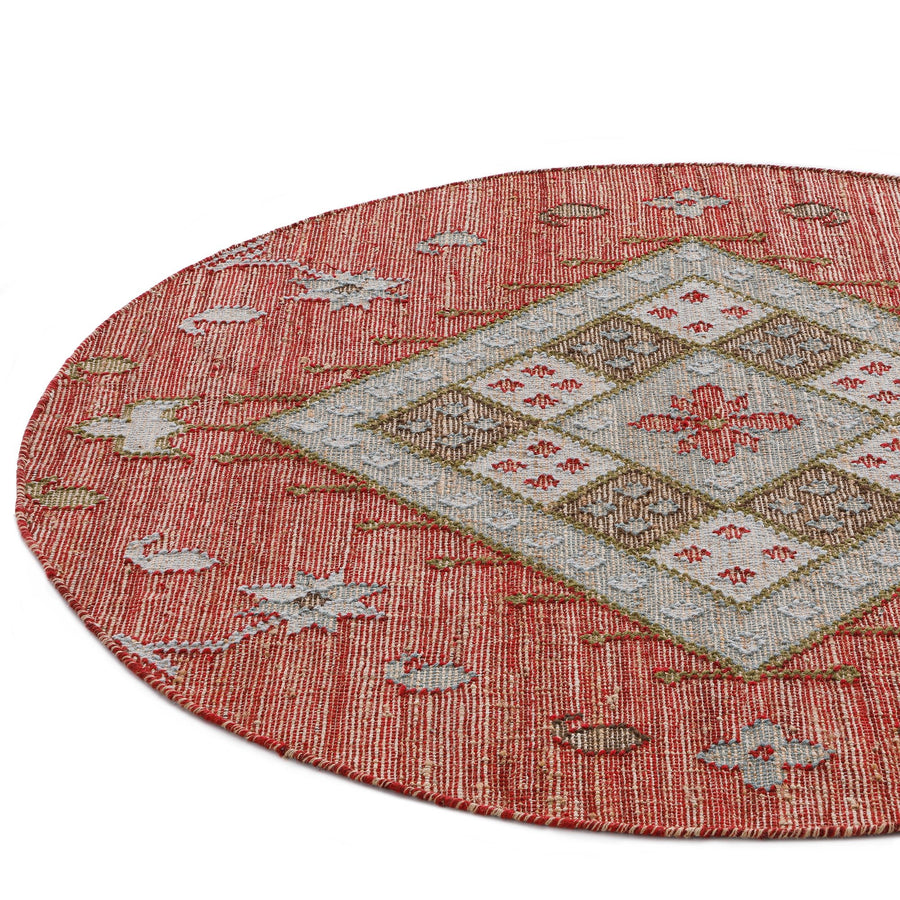Farah Kilim Traditional Handwoven Wool & Jute Deep Red Round Rug - daals