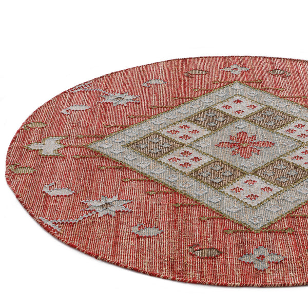 Farah Kilim Traditional Handwoven Wool & Jute Deep Red Round Rug