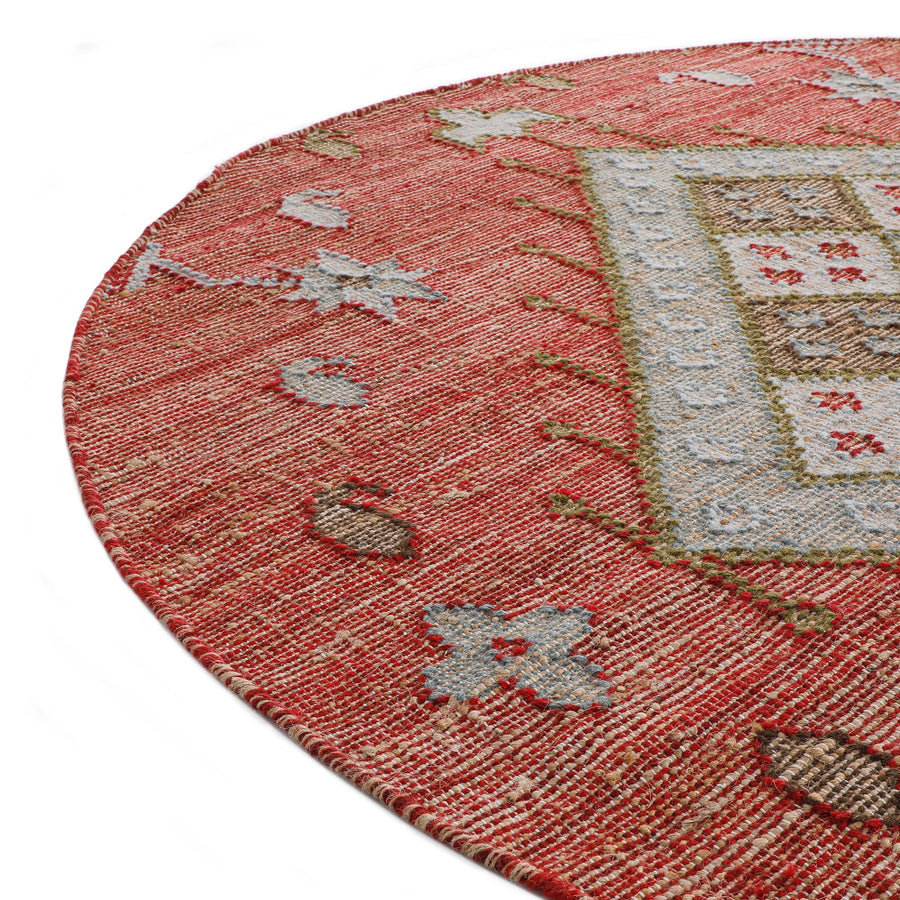 Farah Kilim Traditional Handwoven Wool & Jute Deep Red Round Rug - daals