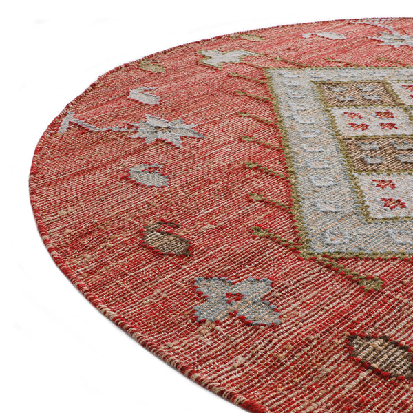 Farah Kilim Traditional Handwoven Wool & Jute Deep Red Round Rug