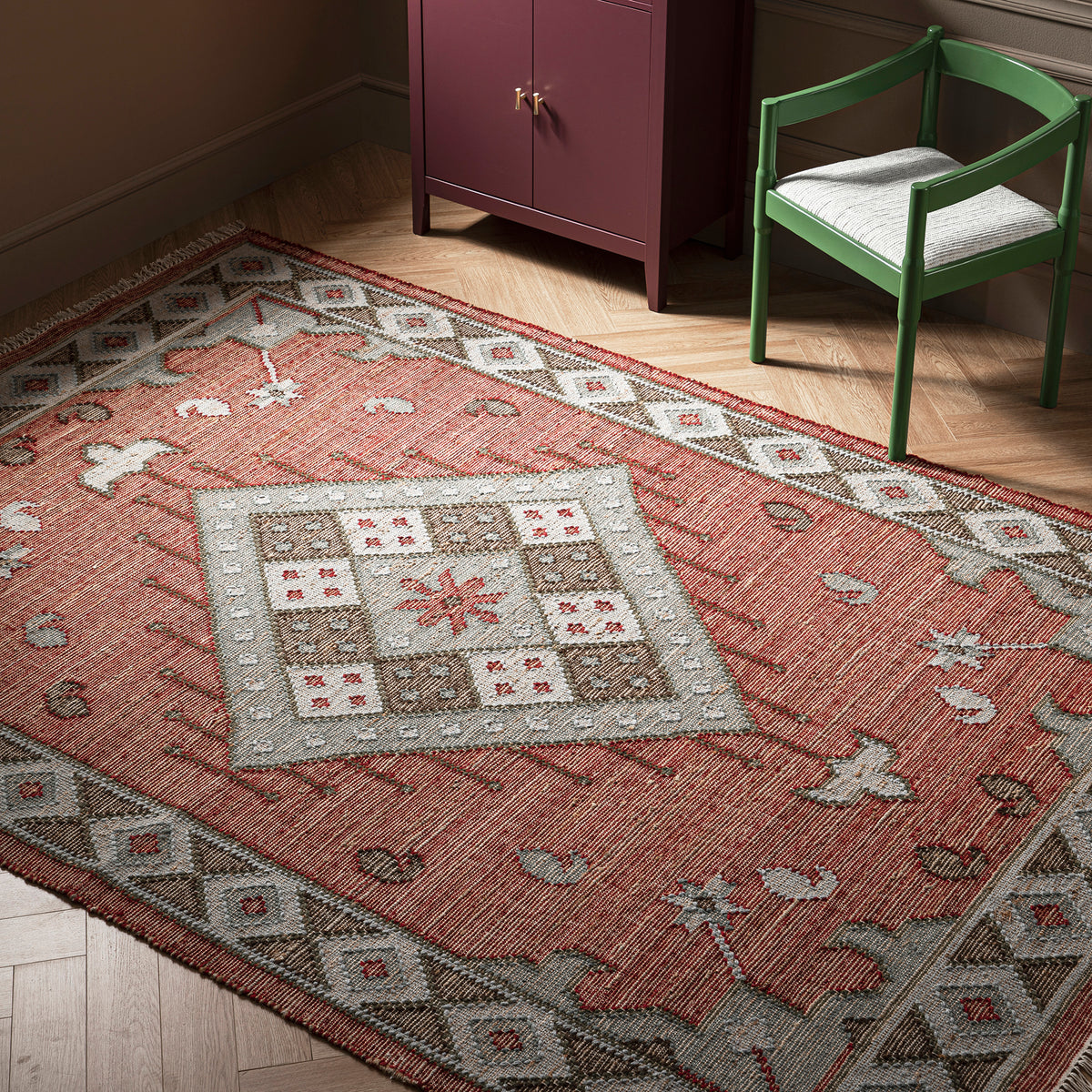 Small Deep Rug Farah Kilim Traditional Handwoven Wool & Jute Deep Red Rug | daals
