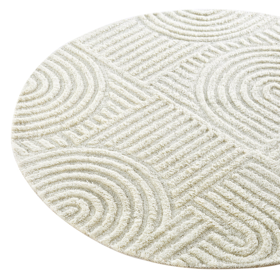 Geo Curve Cream Hand Tufted New Zealand Wool Round Rug