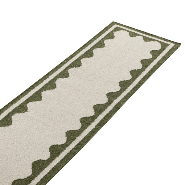Matilda Olive Green Scallop Border Handwoven Wool Runner