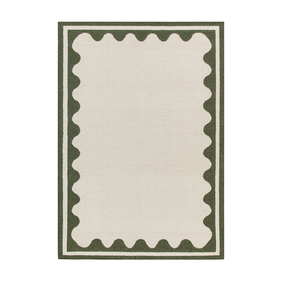 Matilda Olive Green Scallop Border Handwoven Wool Rug