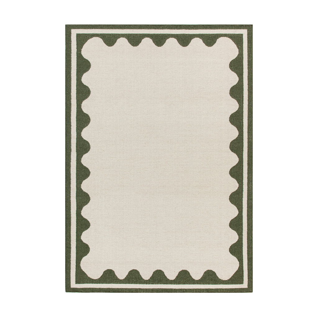 Matilda Olive Green Scallop Border Handwoven Wool Rug | daals