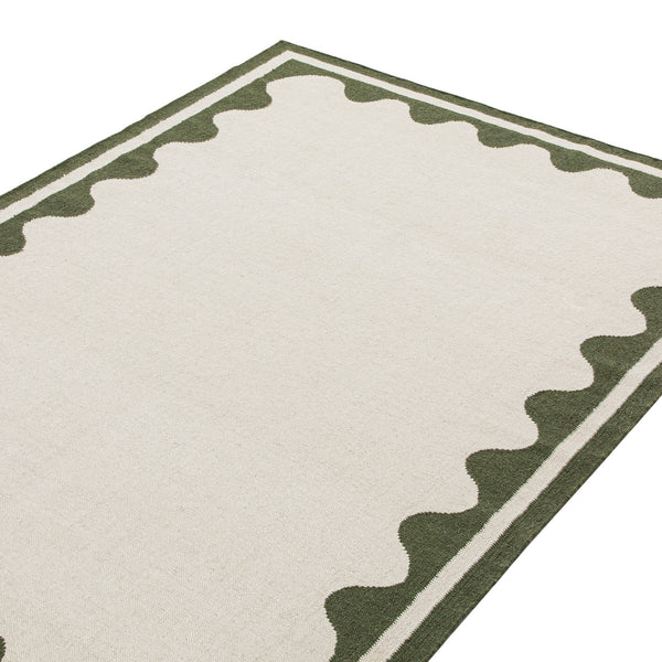 Matilda Olive Green Scallop Border Handwoven Wool Rug