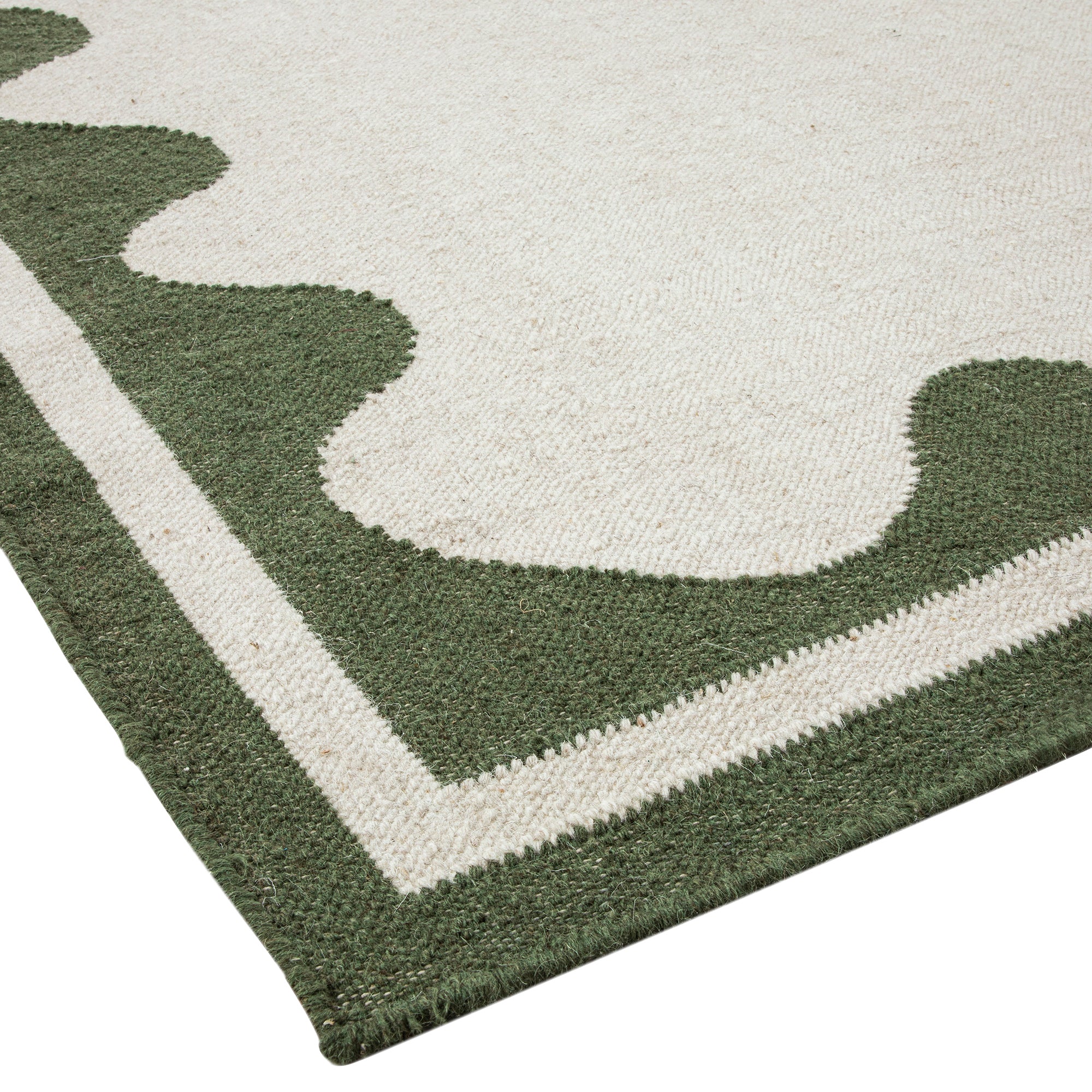 Matilda Olive Green Scallop Border Handwoven Wool Rug | daals
