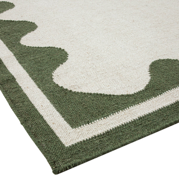 Matilda Olive Green Scallop Border Handwoven Wool Rug