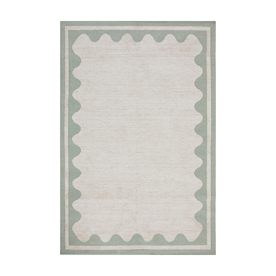 Matilda Sage Green Scallop Border Indoor Outdoor Handwoven Rug