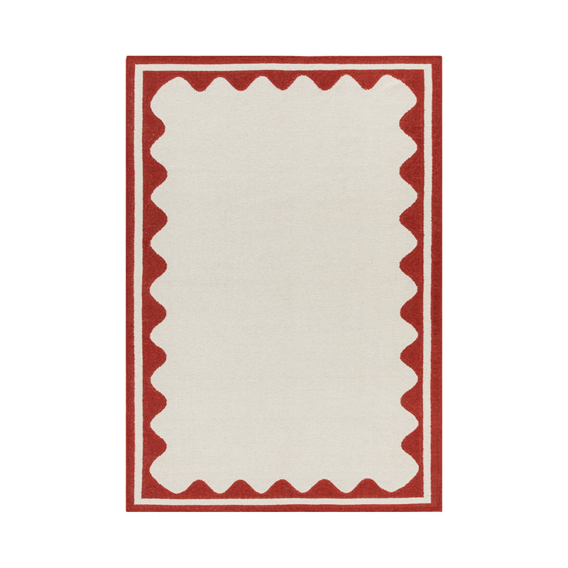 Matilda Scarlet Red Scallop Border Handwoven Wool Rug
