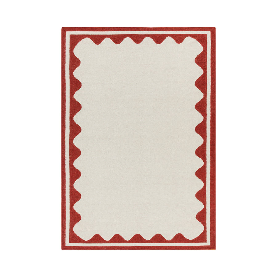 Matilda Scarlet Red Scallop Border Handwoven Wool Rug