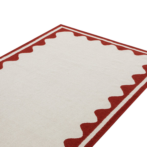 Matilda Scarlet Red Scallop Border Handwoven Wool Rug