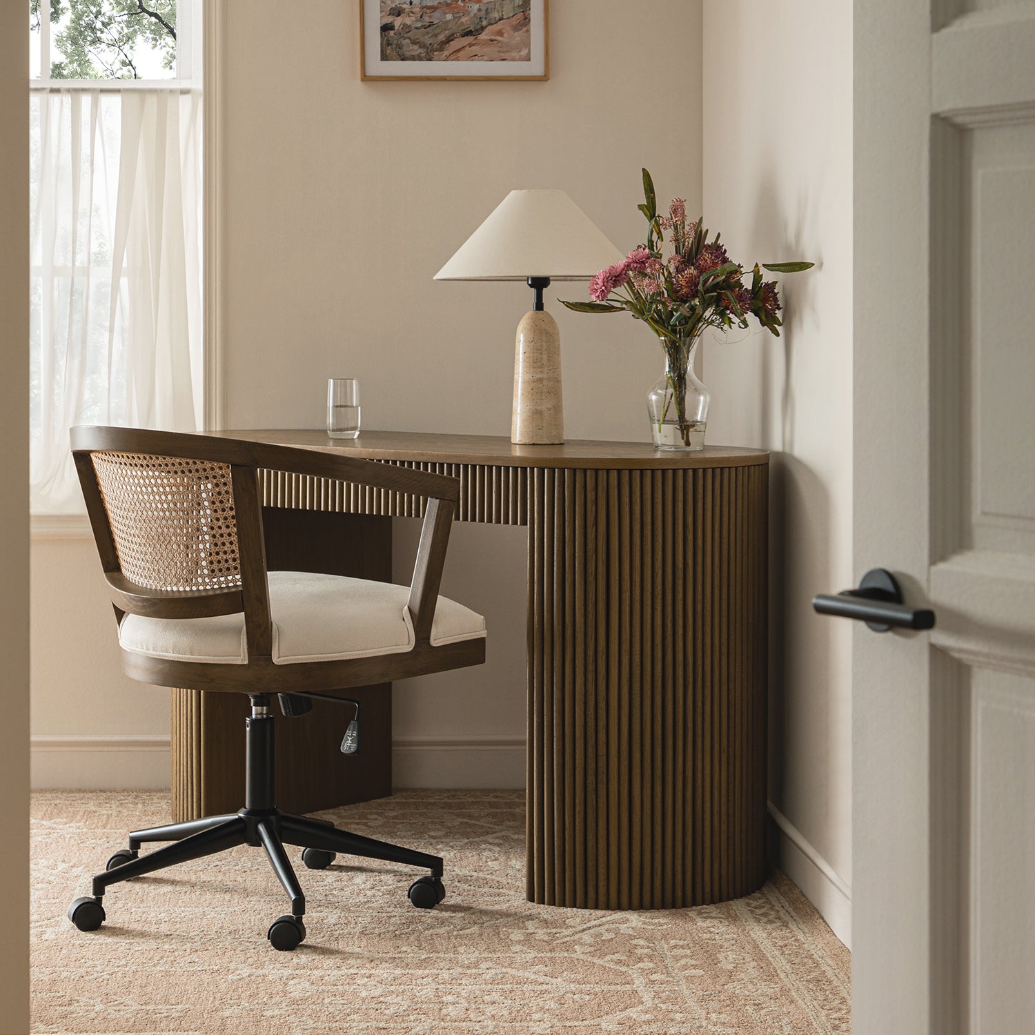 Lucia Natural Cane Swivel Desk Chair, Silver Oak - daals