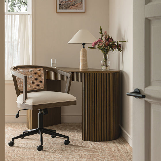Lucia Natural Cane Swivel Desk Chair, Silver Oak