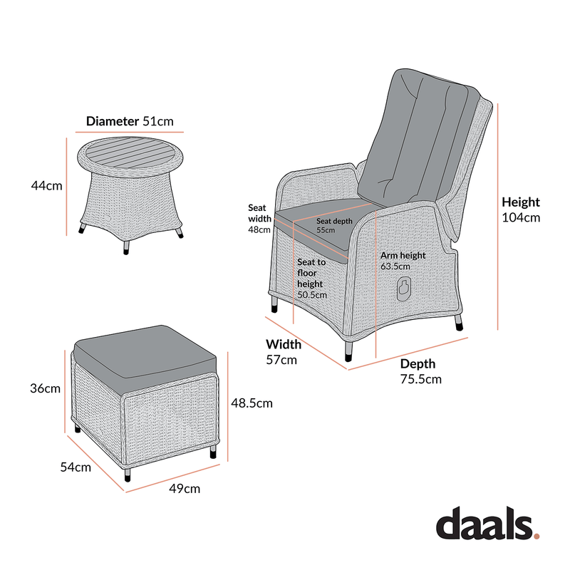 Hampshire 2-Seater Round Wicker Reclining Bistro Set with Stools, Light Grey