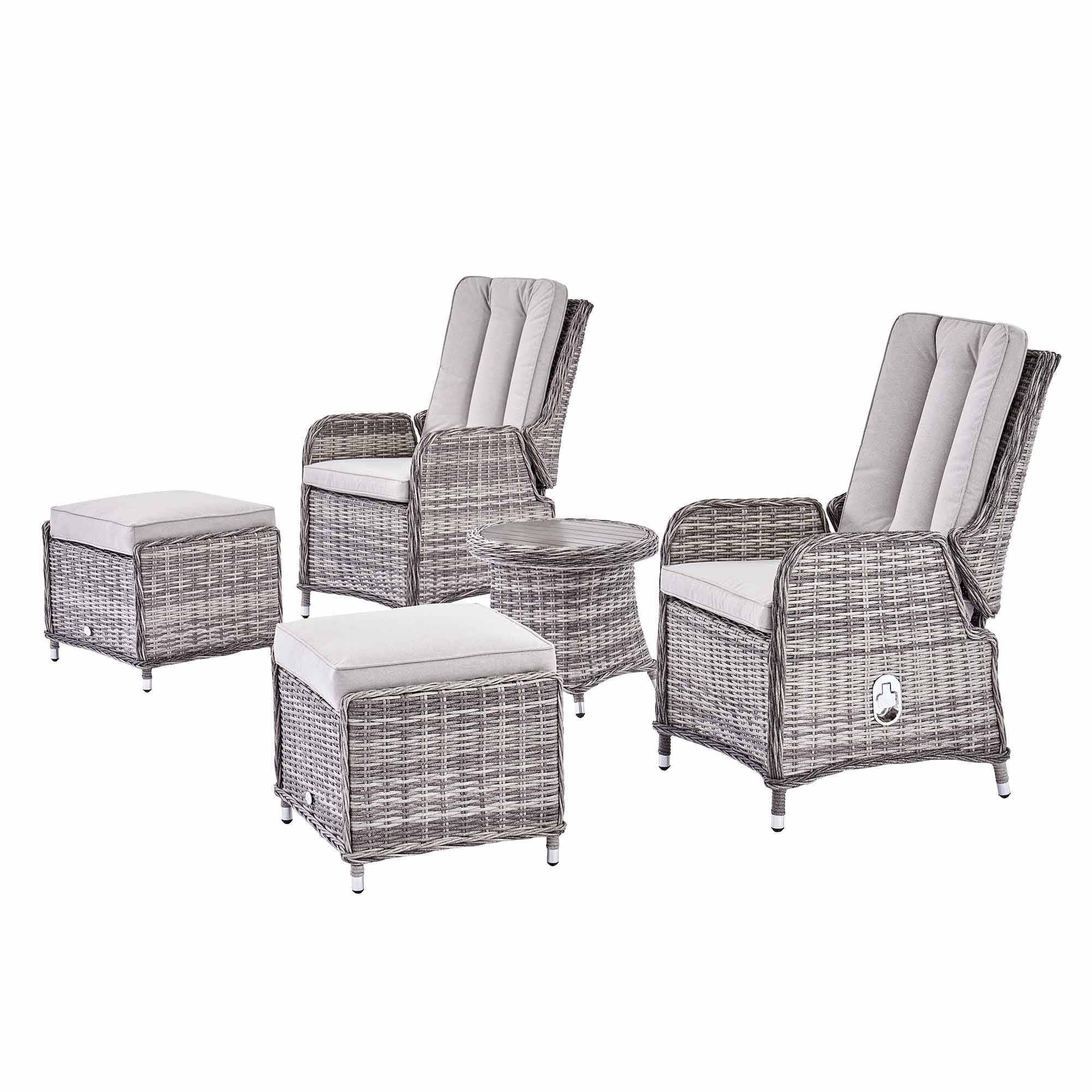 Hampshire 2-Seater Round Wicker Reclining Bistro Set with Stools, Light Grey