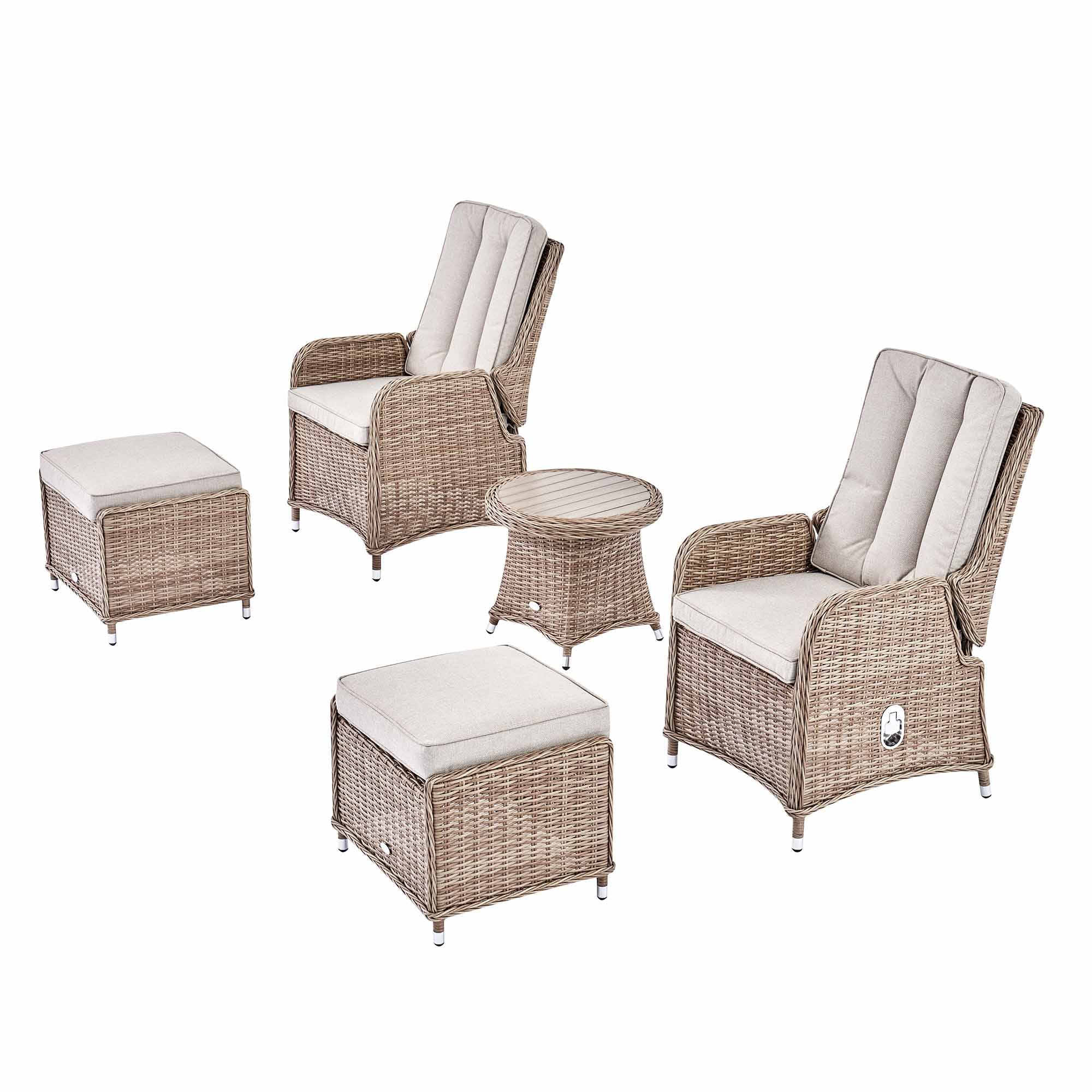 Hampshire 2-Seater Round Wicker Reclining Bistro Set with Stools, Natural