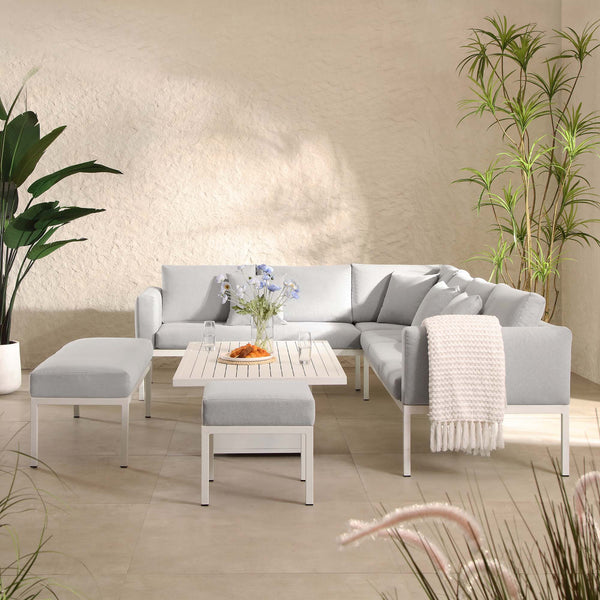 Calabasas Large Outdoor Fabric and Aluminium Corner Casual Dining Set with Rising Table, Light Grey