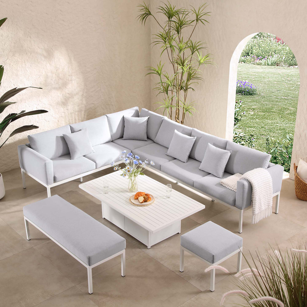 Moda Rising Table Calabasas Outdoor Fabric and Aluminium Corner Dining Set with Rising ...