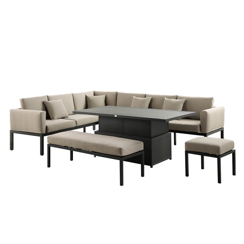 Calabasas Large Outdoor Fabric and Aluminium Corner Casual Dining Set with Rising Table, Taupe - daals
