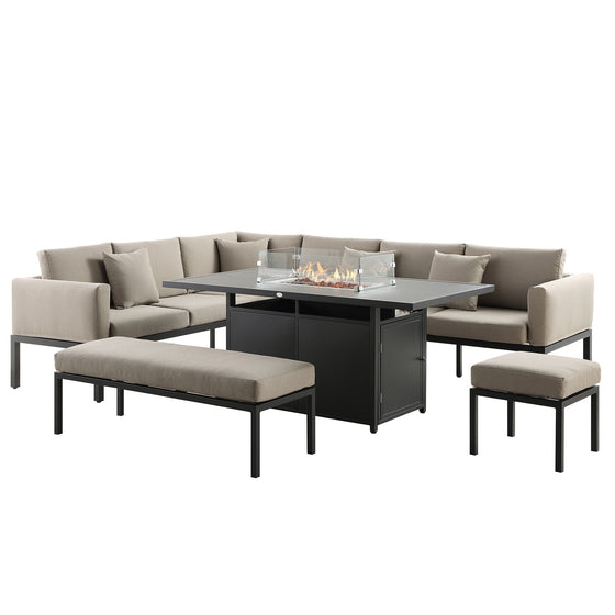 Calabasas Large Outdoor Fabric and Aluminium Corner Casual Dining Set with Firepit Table, Taupe