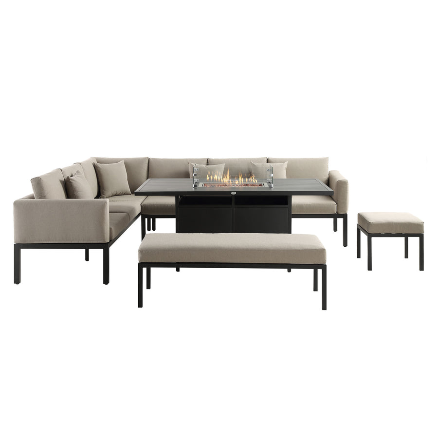 Calabasas Large Outdoor Fabric and Aluminium Corner Casual Dining Set with Firepit Table, Taupe