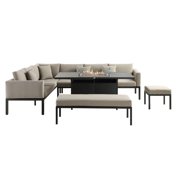 Calabasas Large Outdoor Fabric and Aluminium Corner Casual Dining Set with Firepit Table, Taupe