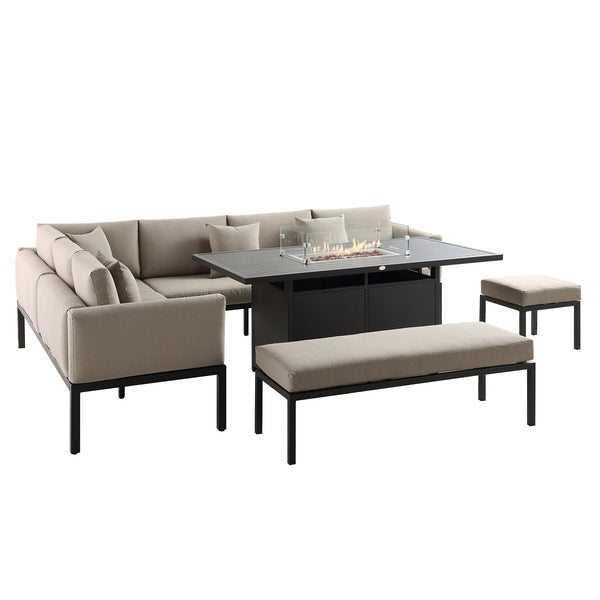 Calabasas Large Outdoor Fabric and Aluminium Corner Casual Dining Set with Firepit Table, Taupe