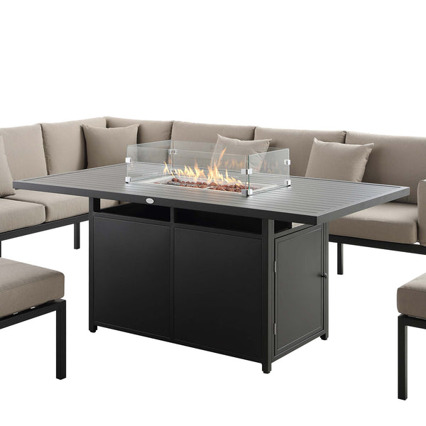 Calabasas Large Outdoor Fabric and Aluminium Corner Casual Dining Set with Firepit Table, Taupe