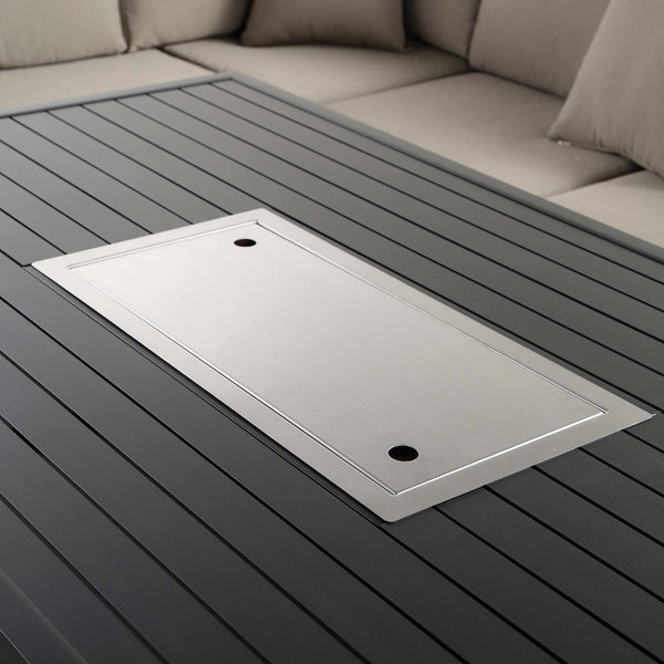 Calabasas Large Outdoor Fabric and Aluminium Corner Casual Dining Set with Firepit Table, Taupe