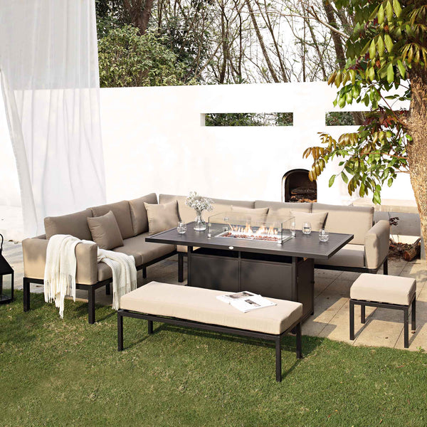 Calabasas Large Outdoor Fabric and Aluminium Corner Casual Dining Set with Firepit Table, Taupe