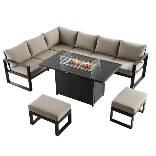 Albany Aluminium Large Corner Casual Dining Set with Firepit Table, Taupe