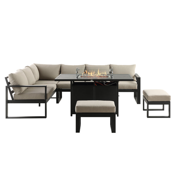 Albany Aluminium Large Corner Casual Dining Set with Firepit Table, Taupe