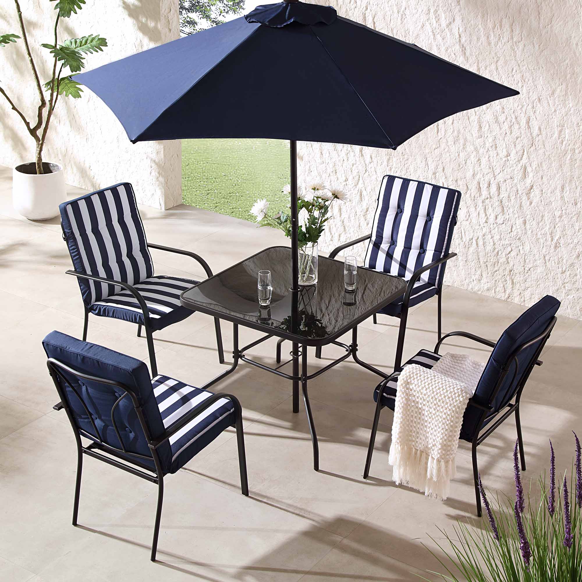 Champneys 4-Seater Steel and Fabric Outdoor Patio Dining Set with Parasol, Navy Blue