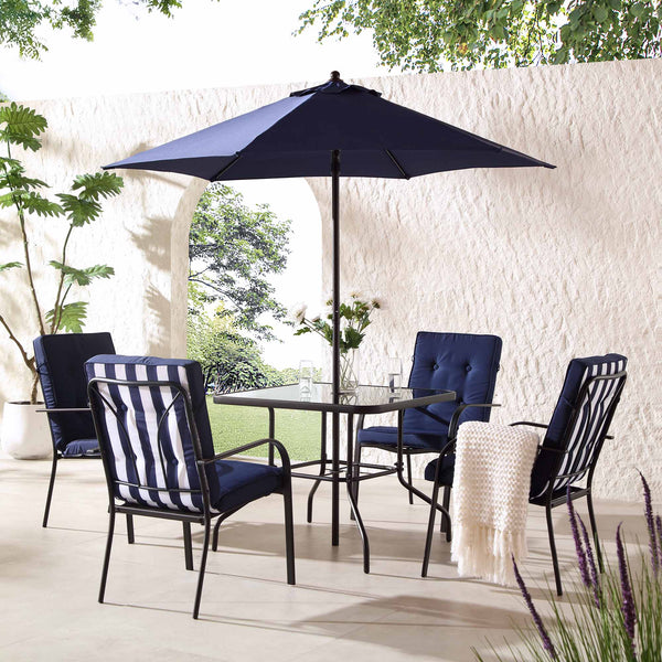 Champneys 4-Seater Steel and Fabric Outdoor Patio Dining Set with Parasol, Navy Blue