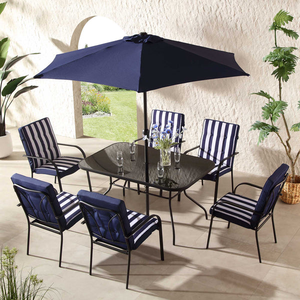 Champneys 6-Seater Steel and Fabric Outdoor Patio Dining Set with Crank Parasol, Blue