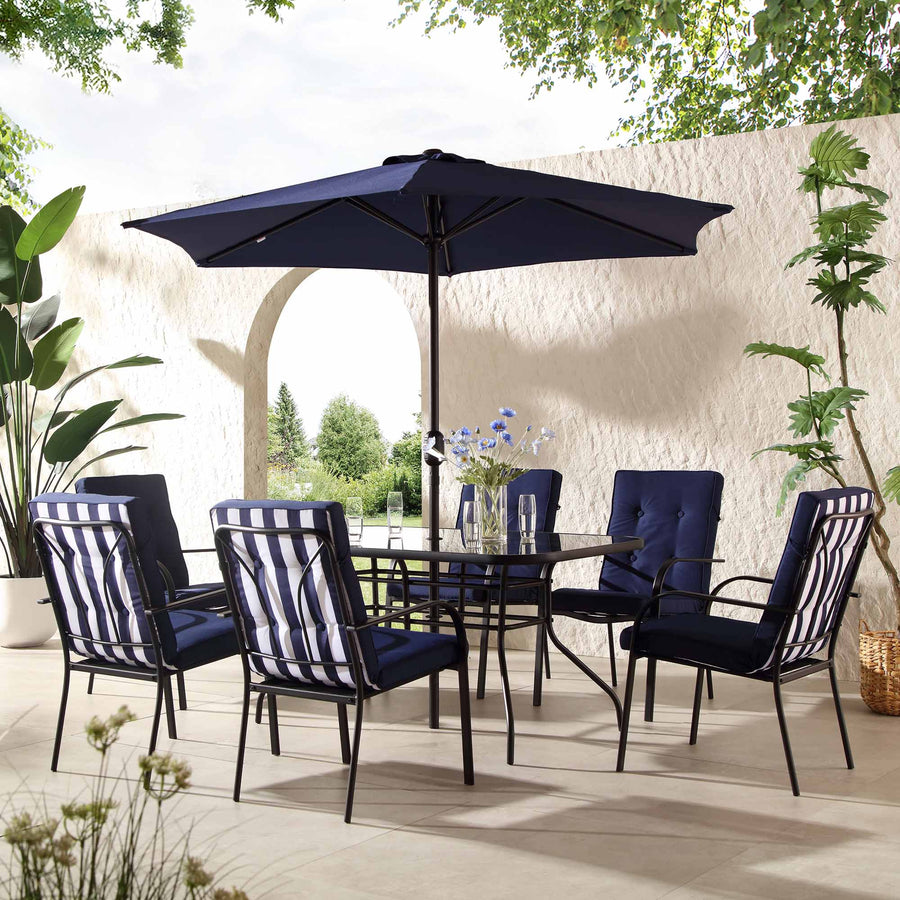 Champneys 6 - Seater Steel and Fabric Outdoor Patio Dining Set with Crank Parasol, Blue - daals