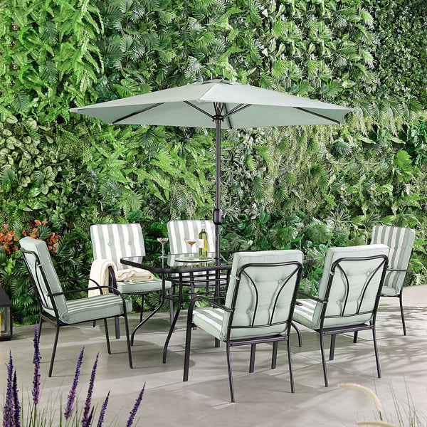 Champneys 6-Seater Steel and Fabric Outdoor Patio Dining Set with Crank Parasol, Sage Green