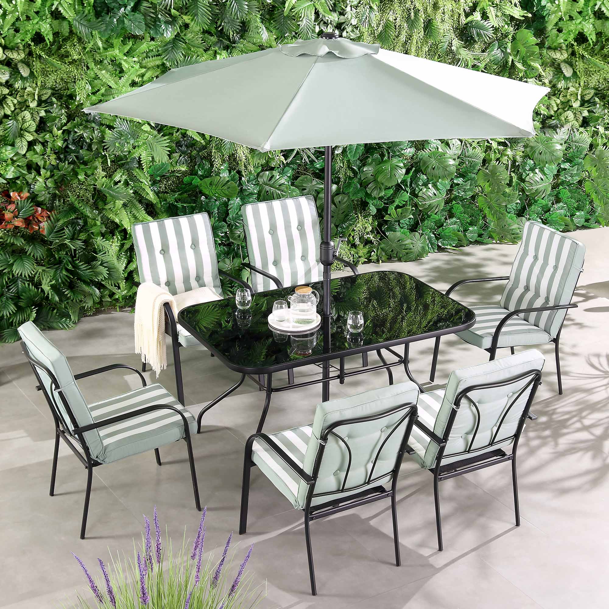 Champneys 6-Seater Fabric Outdoor Dining Set with Parasol, Sage Green ...