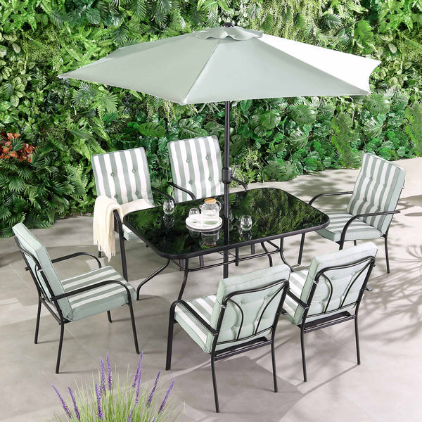 Champneys 6-Seater Steel and Fabric Outdoor Patio Dining Set with Crank Parasol, Sage Green