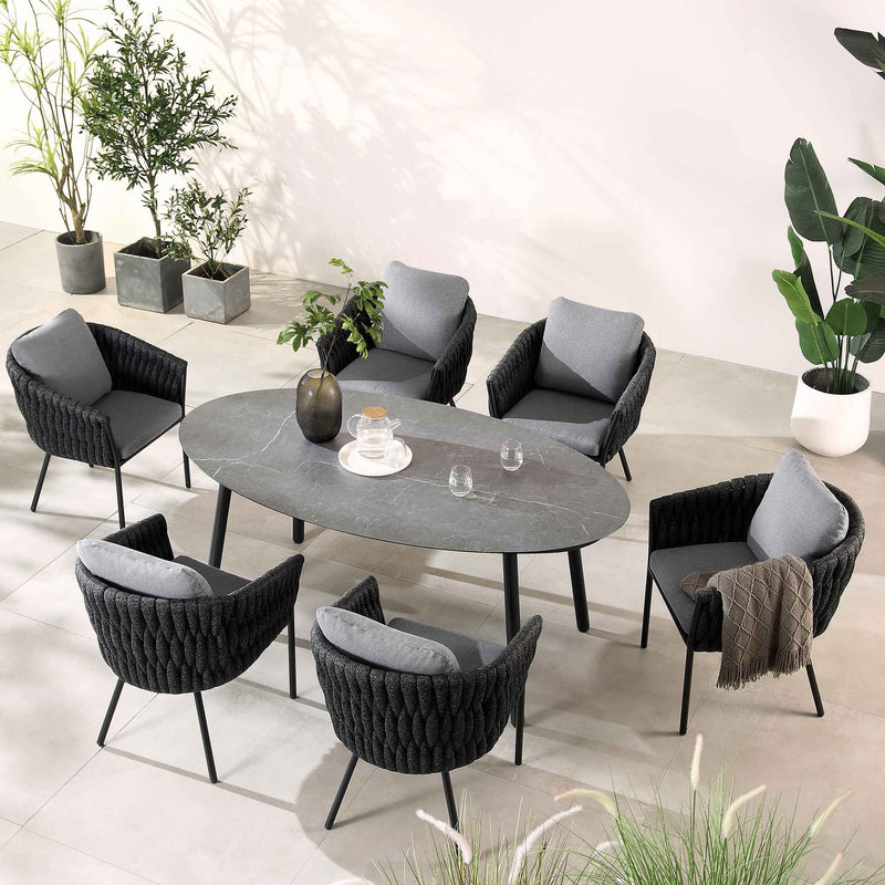 Montebello 6-Seater Outdoor Black Rope and Aluminium Oval Dining Set with Grey Ceramic Dining Table